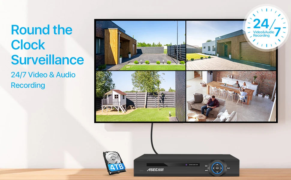 Kit Câmera de Segurança 8MP 4K com NVR 8 Canais Detecção Humana IA Áudio Visão Noturna Colorida IP67 - ASECAM