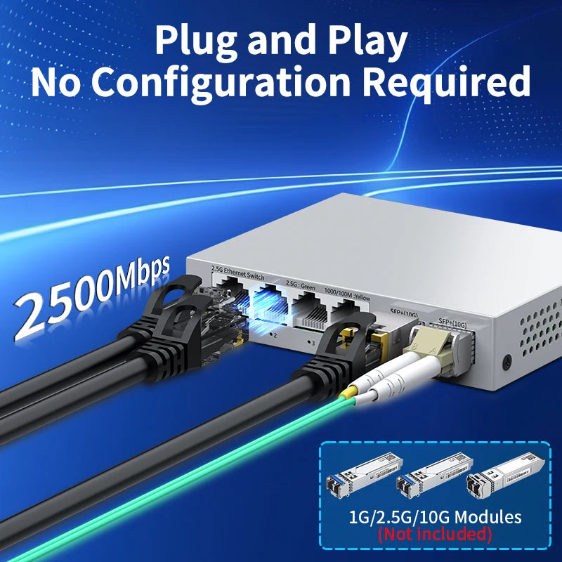 Switch 2.5Gb HORACO 6 Portas - 4x 2.5GBASE-T RJ45 + 2x 10G SFP+ 60Gbps Plug & Play Sem Ventilador