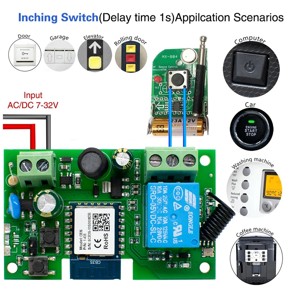 Tuya wifi inteligente portão de garagem interruptor do motor acesso porta elétrica dc 12v 24v 32v ac 220v 1/2ch módulo relé pulso rf433 remoto alexa