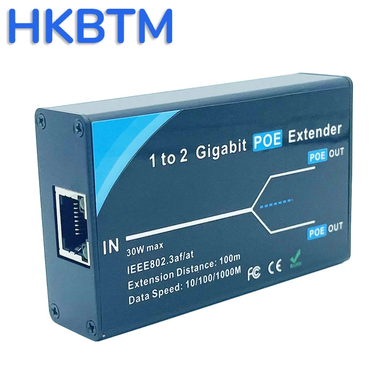 Extensor PoE Gigabit HKBTM 2 Portas - IEEE 802.3af/at PoE+ 10/100/1000Mbps Repetidor 100m Câmera IP