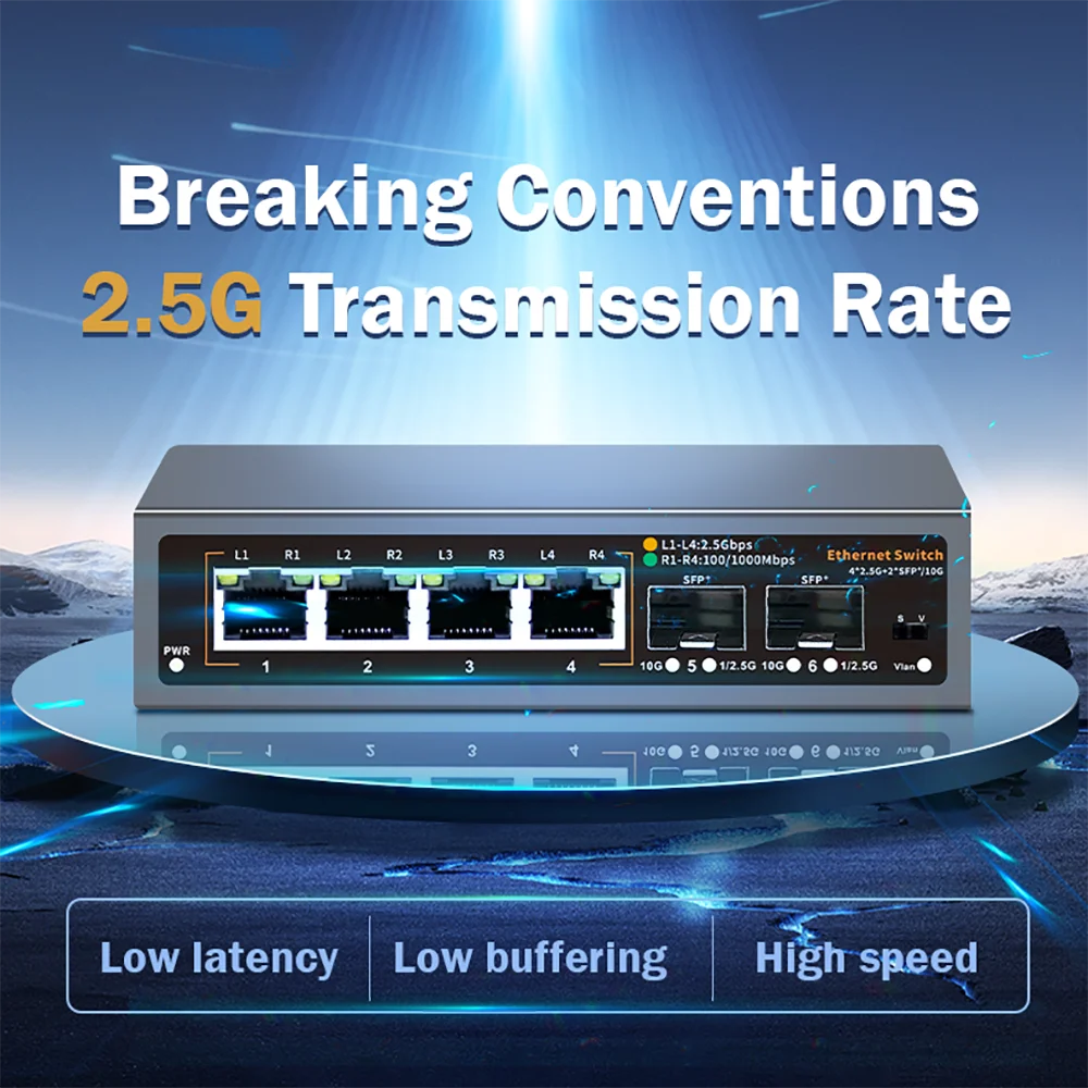 Switch 2.5Gbps 6 Portas - 4x 2.5G RJ45 + 2x 10G SFP+ 60Gbps VLAN Proteção Raios 4KV Empilhável
