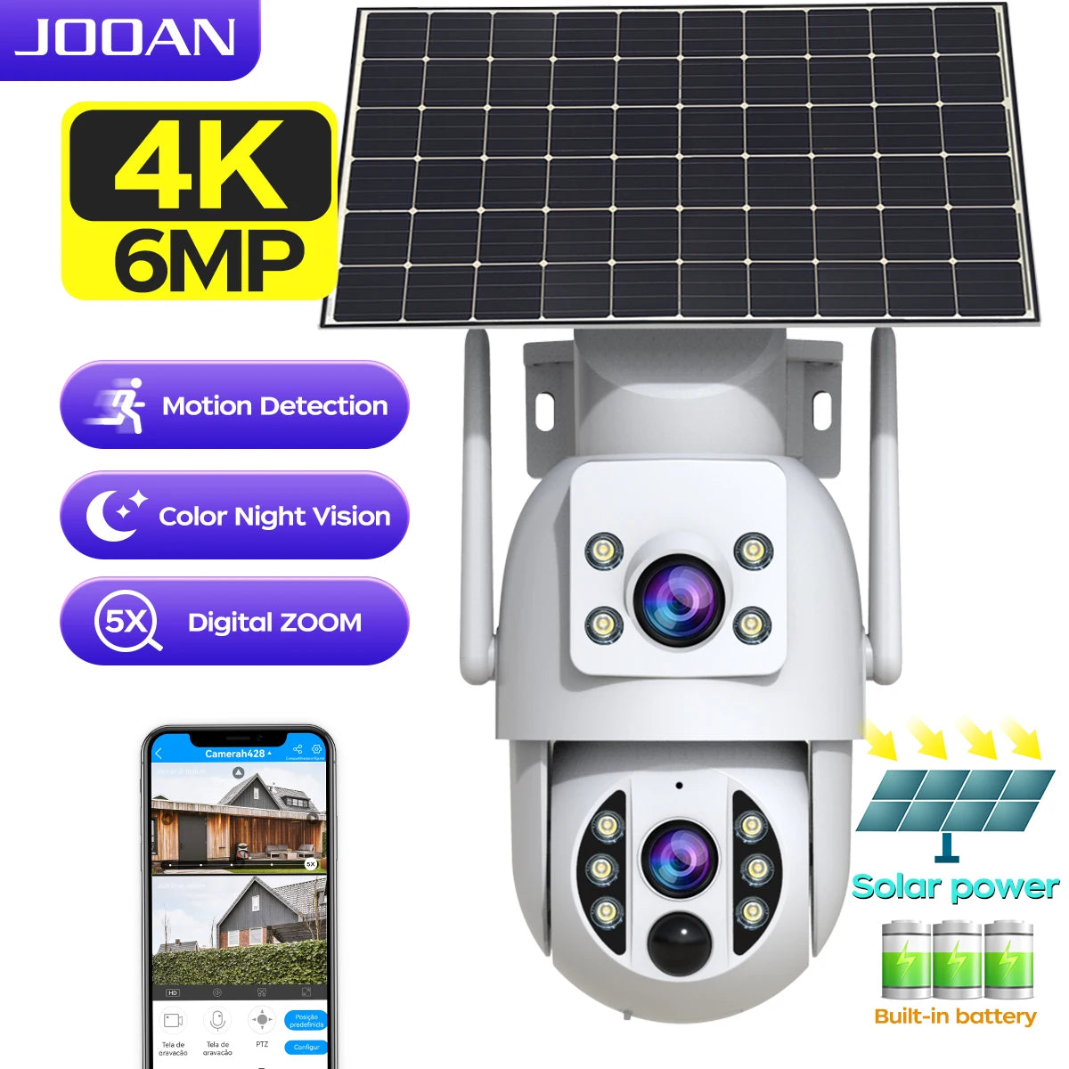 Câmera Solar 4K JOOAN - Sem Fio com Lente Dupla, Bateria Recarregável e IA