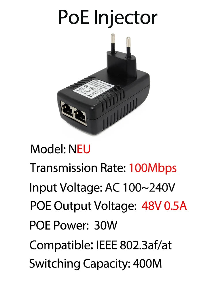 Injetor PoE Gigabit 48V 30W - IEEE 802.3af/at 10/100/1000Mbps Passivo Câmera IP AP Compacto