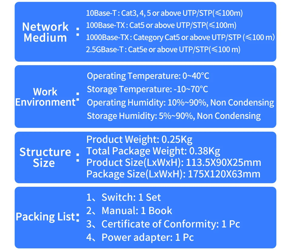 Switch 2.5GbE HORACO 6 Portas - 5x 2.5GBASE-T RJ45 + 1x 10G SFP+ Plug & Play Home Lab NAS