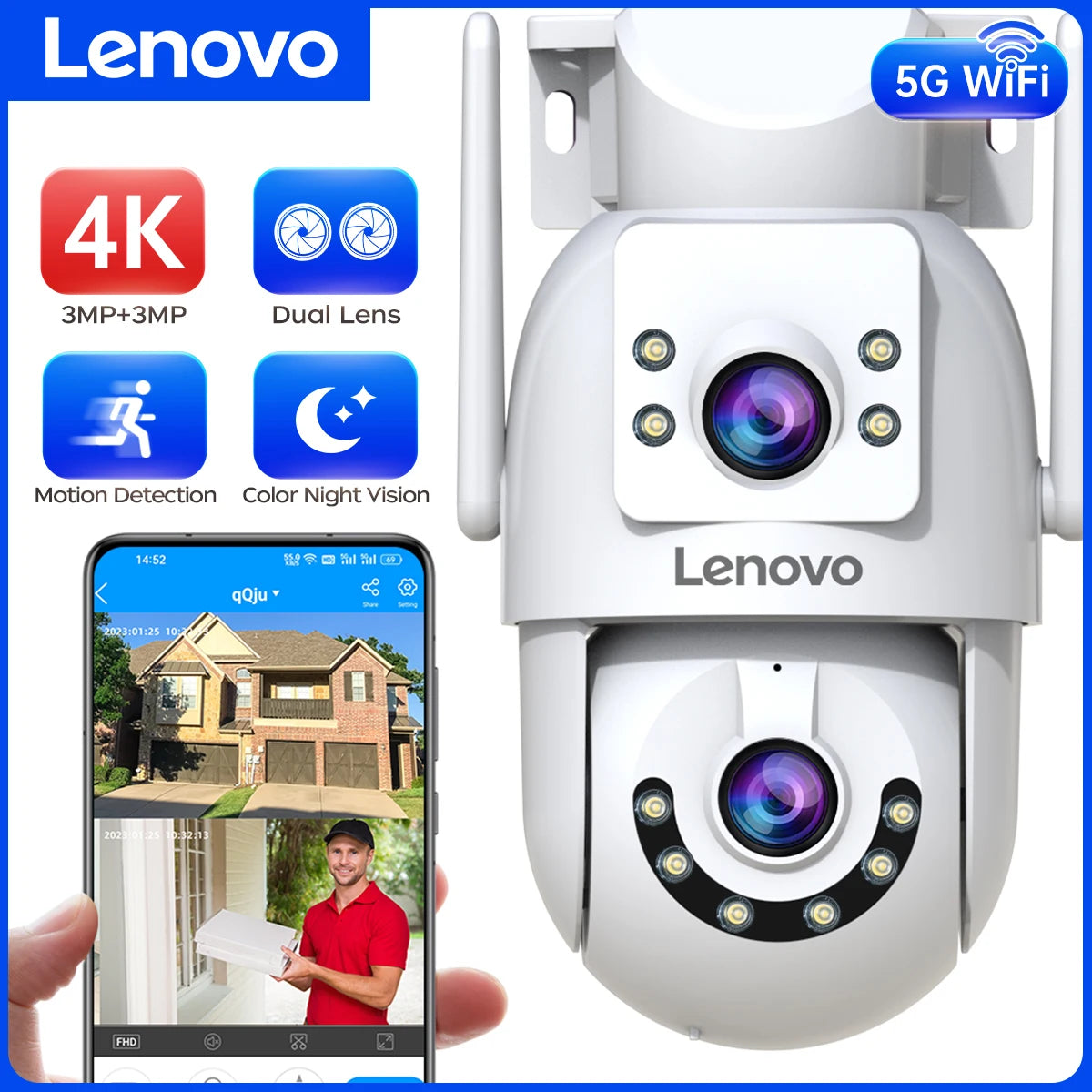 Câmera PTZ Lenovo 6MP - Lente Dupla - WiFi 5G Dual Band - Rastreamento Automático - 360° - Tela - cam720