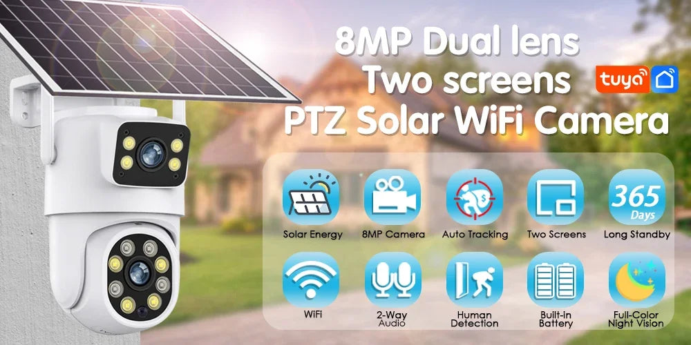 Tuya câmera solar inteligente wifi lente dupla 8mp sem fio ao ar livre câmera de vigilância de vídeo bateria ptz cctv duas telas detecção pir