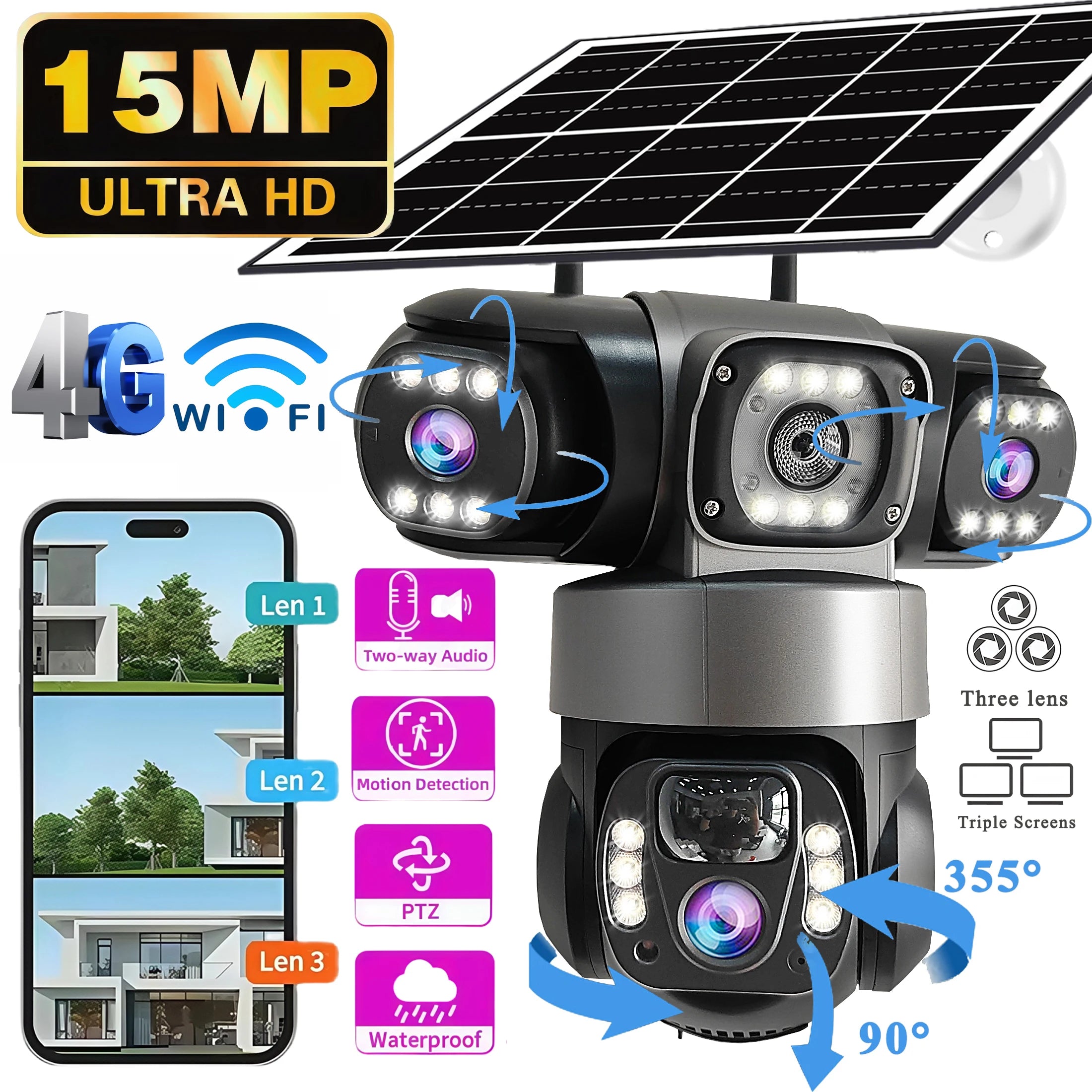 Câmera Solar PTZ 15MP Tripla Lente | 4G/WiFi, Pan 355°, Bateria 8000mAh e Detecção PIR+Radar – V380 PRO