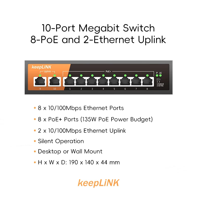 Switch Fast Ethernet PoE KeepLiNK 10 Portas Fanless - 8 PoE+ 2 Uplink IEEE 802.3af/at 135W 10/100Mbps