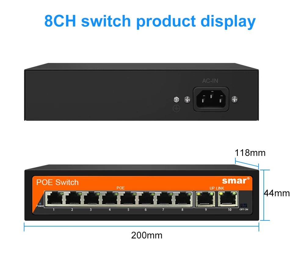 Switch PoE Smar 10 Portas 48V 120W - 8 PoE + 2 Uplink IEEE 802.3af/at 10/100Mbps VLAN 250m Câmera CCTV