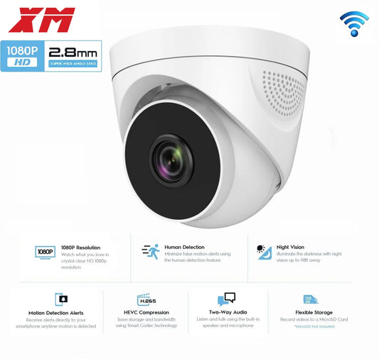 Câmera IP Dome XM 2MP WiFi - Áudio Bidirecional - Detecção Humana - Visão Noturna 30m - Interna