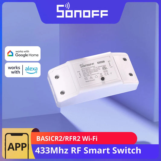 Sonoff basicr2 rfr2 wi-fi 433mhz diy interruptor inteligente controlador de luz controle voz sincronização status cena inteligente via ewelink app alexa