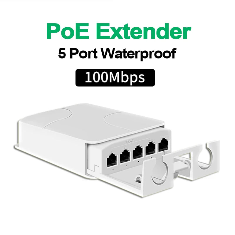 Extensor PoE TelDaykemei 5 Portas À Prova D'Água IP55 - Repetidor 4 Portas 100/1000Mbps VLAN 44-57V Externo