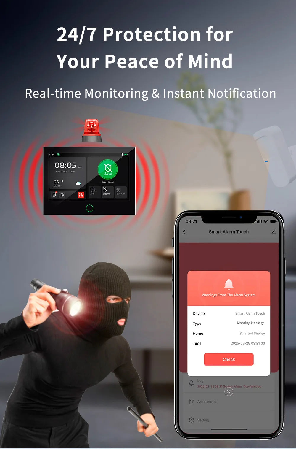 Central de Alarme KERUI G70 Tuya WiFi 4G Tela Touch 7" + Sensor PIR P10 FSK 100 Zonas Sistema Inteligente - KERUI