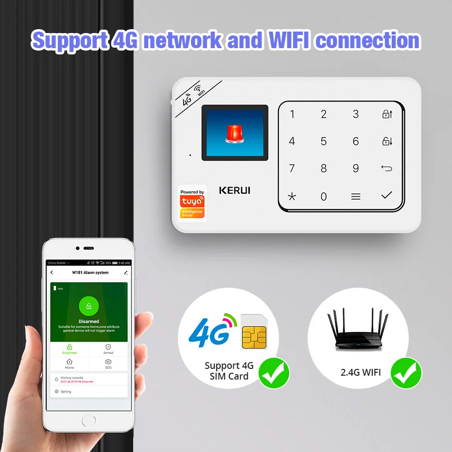 Sistema de Alarme Inteligente WiFi/4G com Sensor PIR Teclado e Alexa - Kerui W184 Tuya