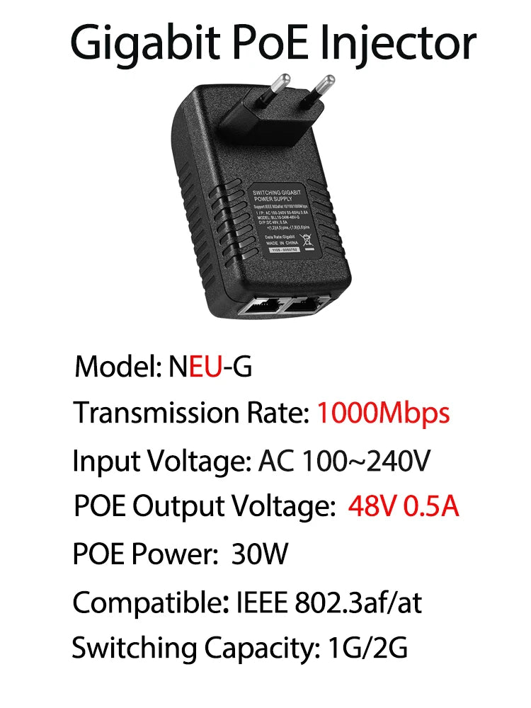 Injetor PoE Gigabit 48V 30W - IEEE 802.3af/at 10/100/1000Mbps Passivo Câmera IP AP Compacto