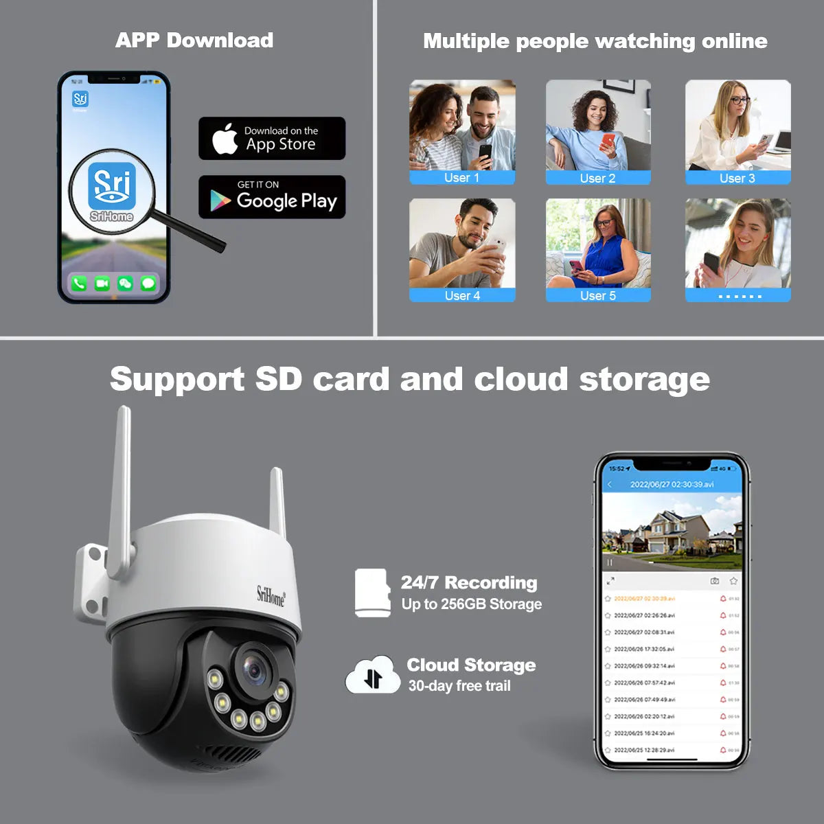 Srihome 8MP 4K WiFi PTZ Câmera Smart Color Night Vision IP66 Segurança externa 360 °   Cobertura Smart Auto Tracking SH072