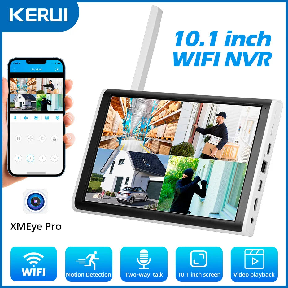 NVR 8 Canais WiFi 4MP/5MP com Tela 10.1" H.265 ONVIF para Câmeras Sem Fio - Kerui N1008L