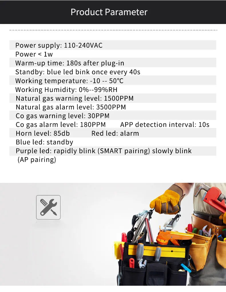 Detector de Gás Natural e Monóxido de Carbono WiFi Inteligente com Alarme Tuya Smart Life IHOMECAM