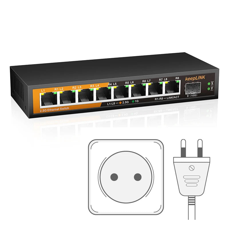 Switch 2.5Gbps KeepLiNK 9 Portas Fanless - 8x 2.5G RJ45 + 1x 10Gb SFP+ 60Gbps VLAN Metal