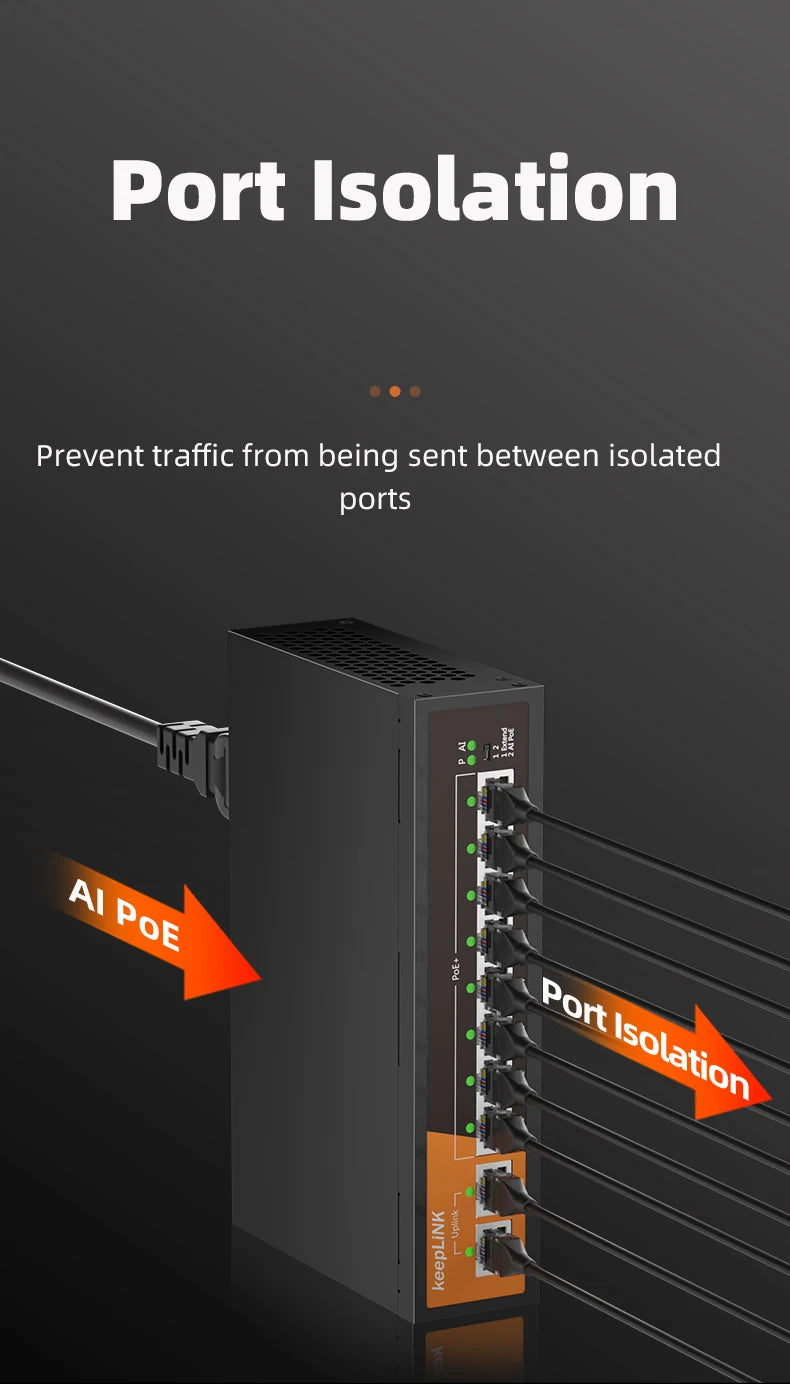 Switch Gigabit PoE KeepLiNK 10 Portas Fanless - 8 PoE+ 2 Uplink IEEE 802.3af/at 135W VLAN Câmeras IP