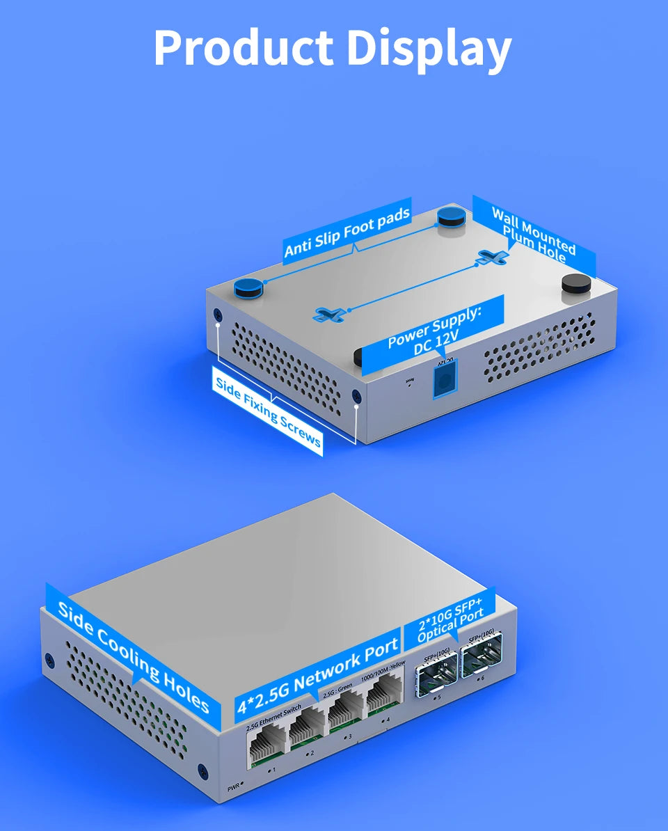Switch 2.5Gb HORACO 6 Portas - 4x 2.5GBASE-T RJ45 + 2x 10G SFP+ 60Gbps Plug & Play Sem Ventilador