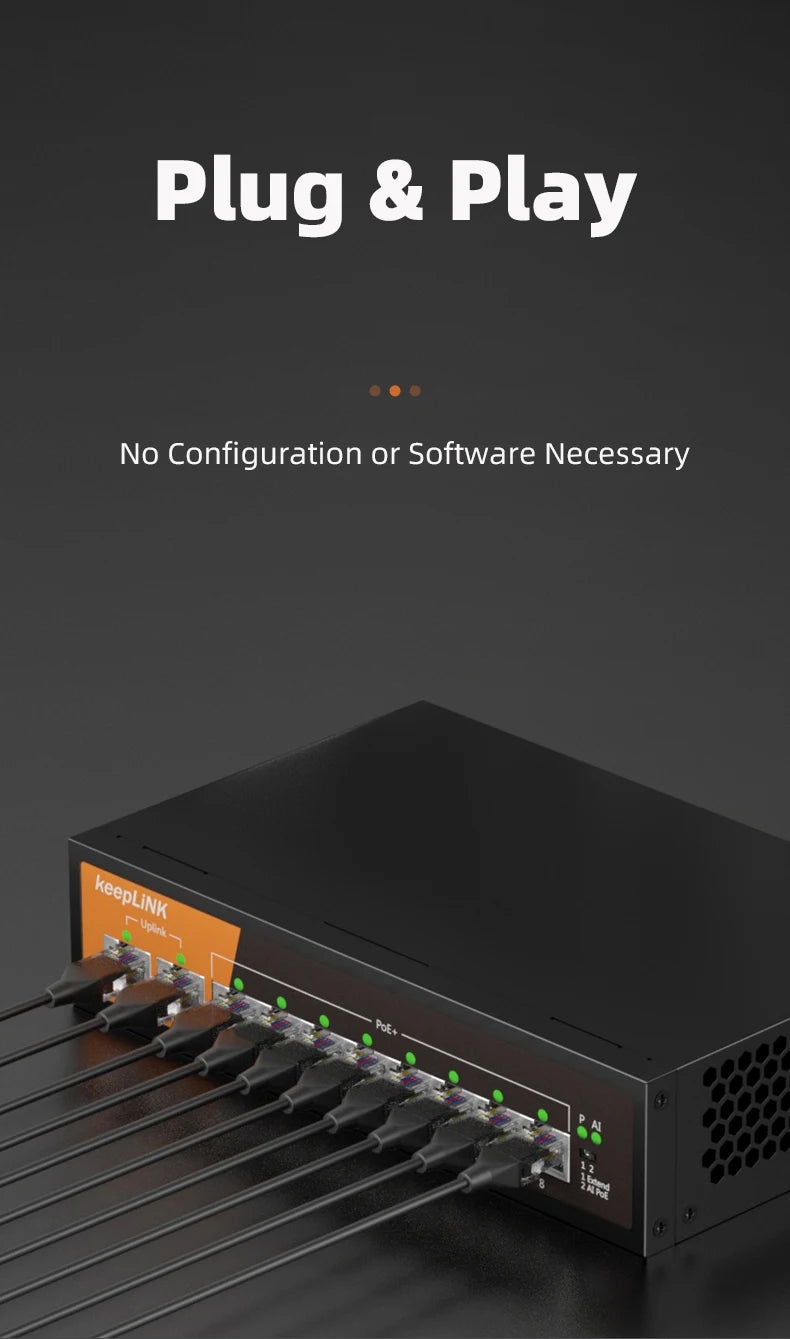 Switch Fast Ethernet PoE KeepLiNK 10 Portas Fanless - 8 PoE+ 2 Uplink IEEE 802.3af/at 135W 10/100Mbps