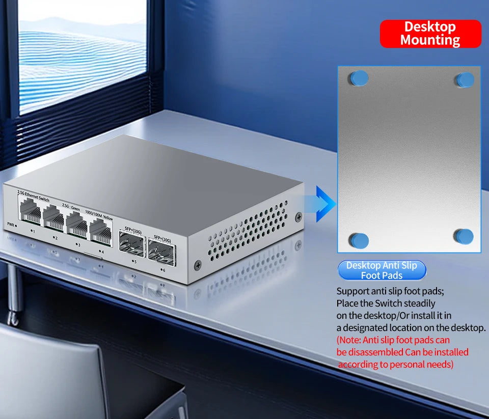 Switch 2.5Gb HORACO 6 Portas - 4x 2.5GBASE-T RJ45 + 2x 10G SFP+ 60Gbps Plug & Play Sem Ventilador