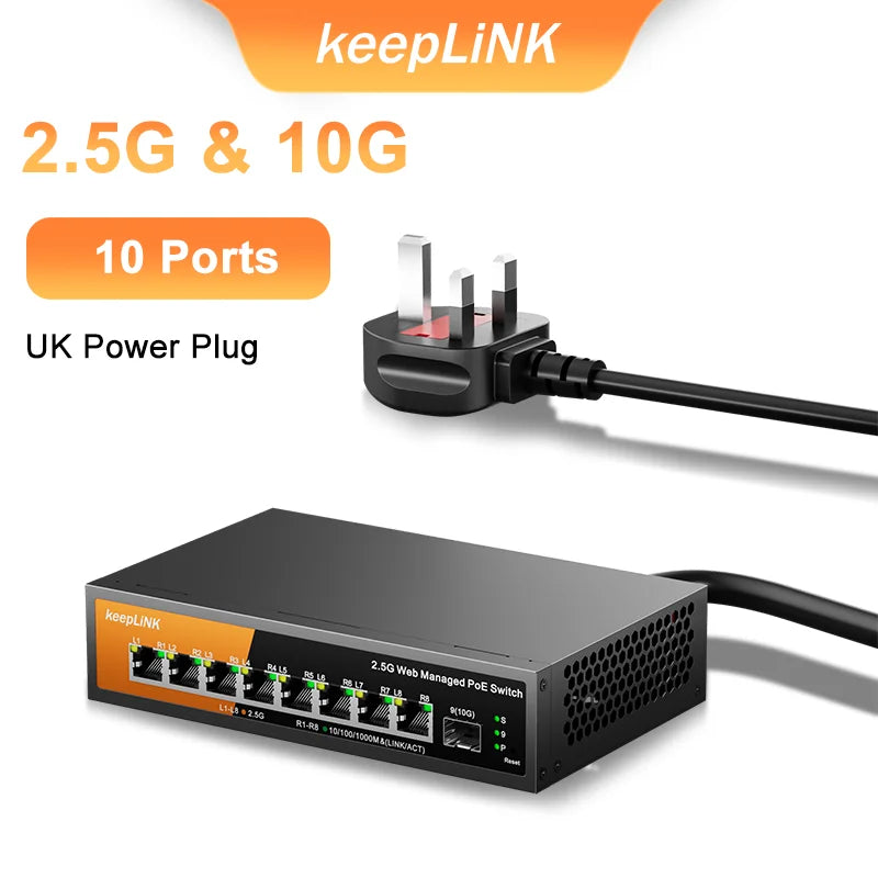 Switch Gerenciado KeepLiNK KP-9000 PoE+ 9 Portas 8x 2.5Gb PoE 130W + 1x 10Gb SFP+ Web Managed VLAN QoS - KeepLiNK