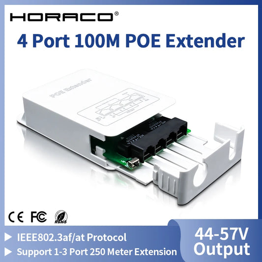 Extensor PoE HORACO 4 Portas À Prova de Chuva IP30 - Repetidor 100M IEEE 802.3af/at VLAN 44-57V 30W Externo