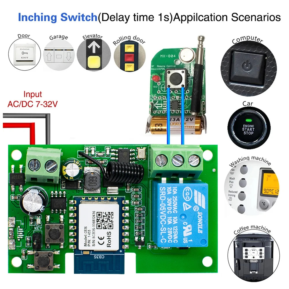 Tuya wifi inteligente portão de garagem interruptor do motor acesso porta elétrica dc 12v 24v 32v ac 220v 1/2ch módulo relé pulso rf433 remoto alexa
