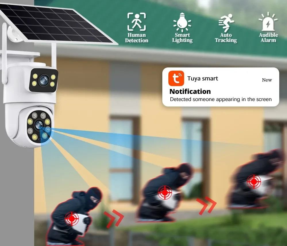 Tuya câmera solar inteligente wifi lente dupla 8mp sem fio ao ar livre câmera de vigilância de vídeo bateria ptz cctv duas telas detecção pir
