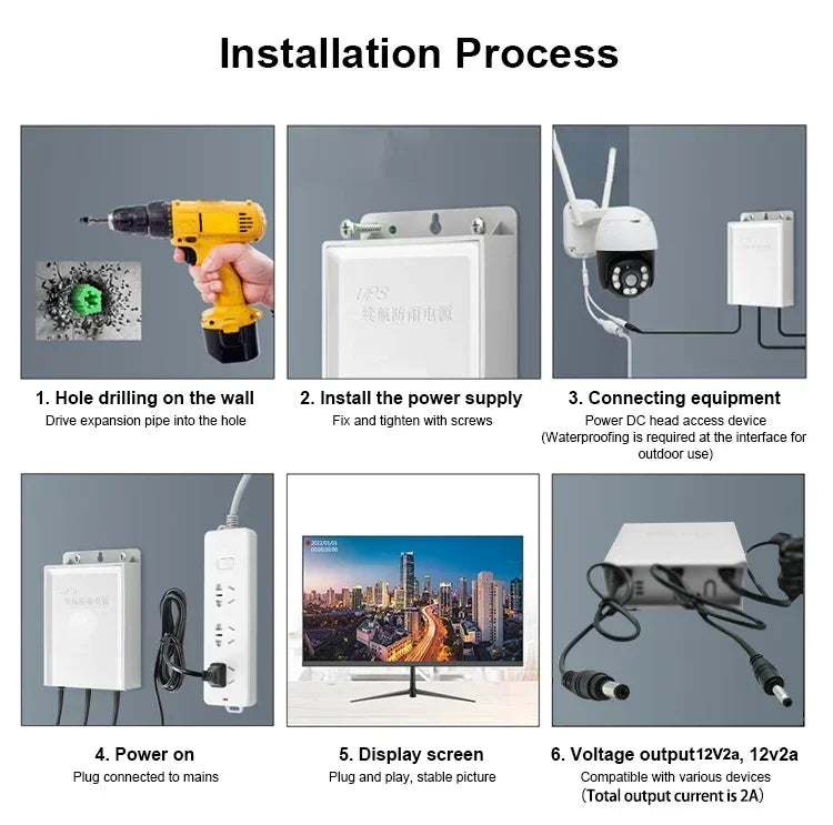 Fonte de Alimentação NOBREAK UPS 12V 2A com Bateria 5400mAh Backup À Prova D'Água para Câmera CCTV DiFang