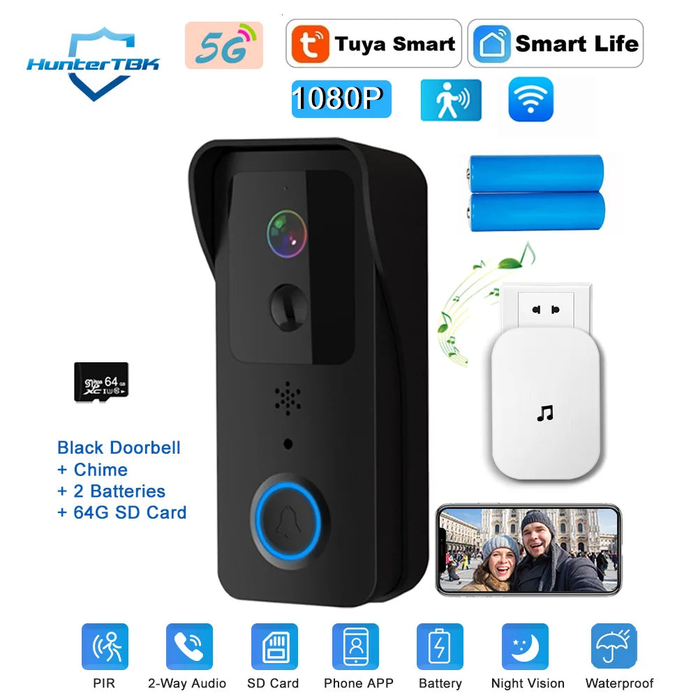 5G 2.4G WiFi Campainha de vídeo 1080P Tuya Smart Outdoor Wireless Intercom Câmera sem fio à prova d'água Ringing Bell