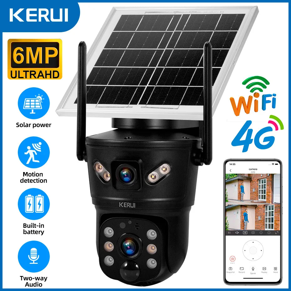 Câmera Solar WiFi/4G 6MP Lente Dupla À Prova D'Água com Painel Solar - Kerui D05