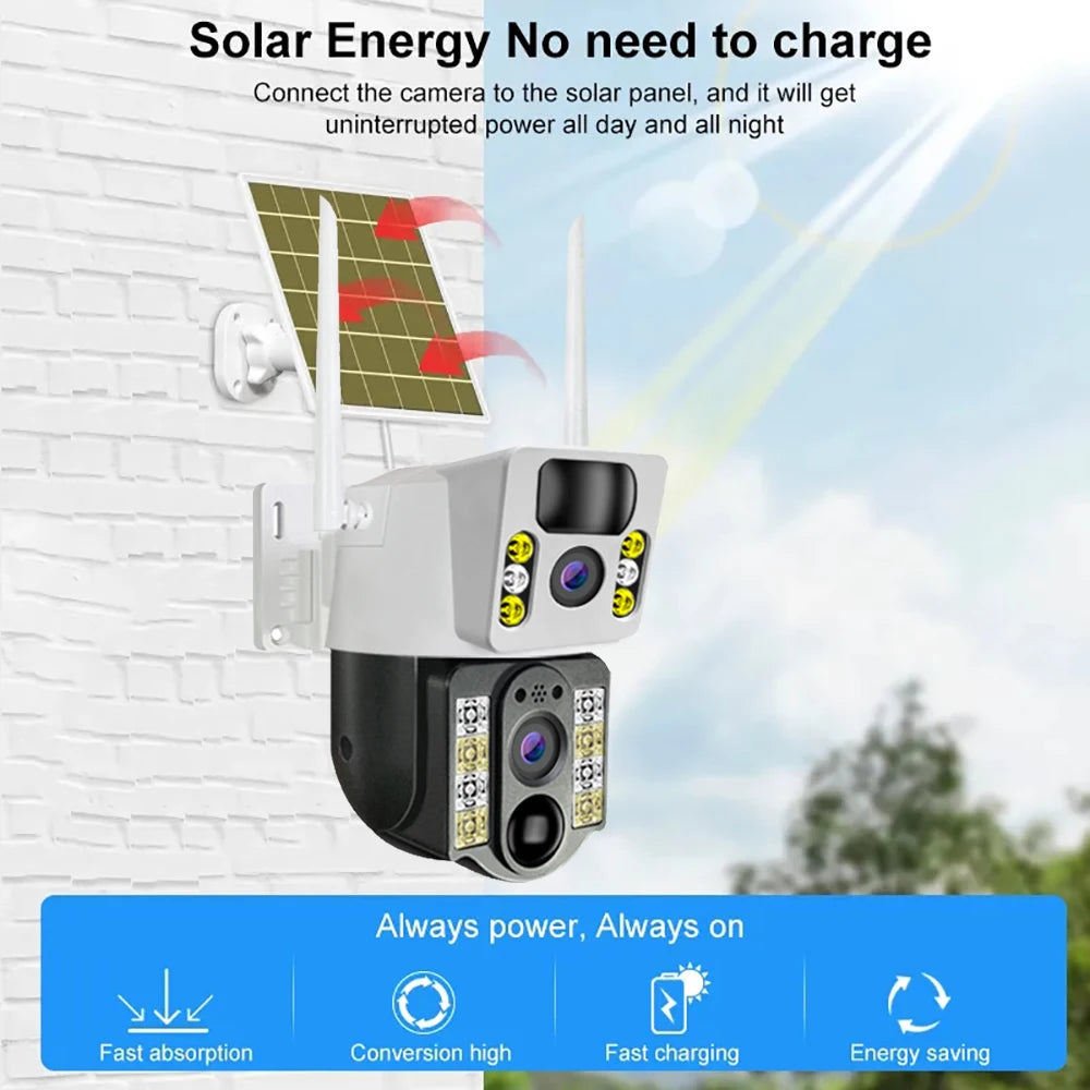 Câmera Solar 4K 8MP V380 - Lente Dupla - 4G/WiFi - PTZ 355° - Visão Noturna Colorida - PIR
