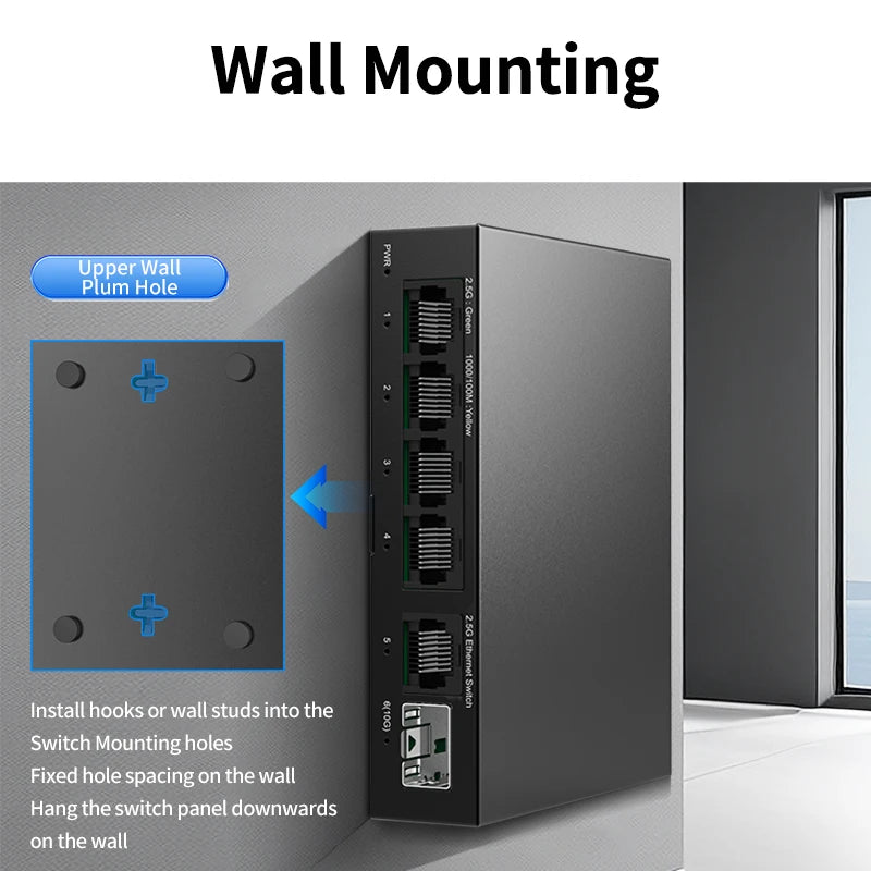 Switch 2.5GbE HORACO 6 Portas - 5x 2.5GBASE-T RJ45 + 1x 10G SFP+ Plug & Play Home Lab NAS