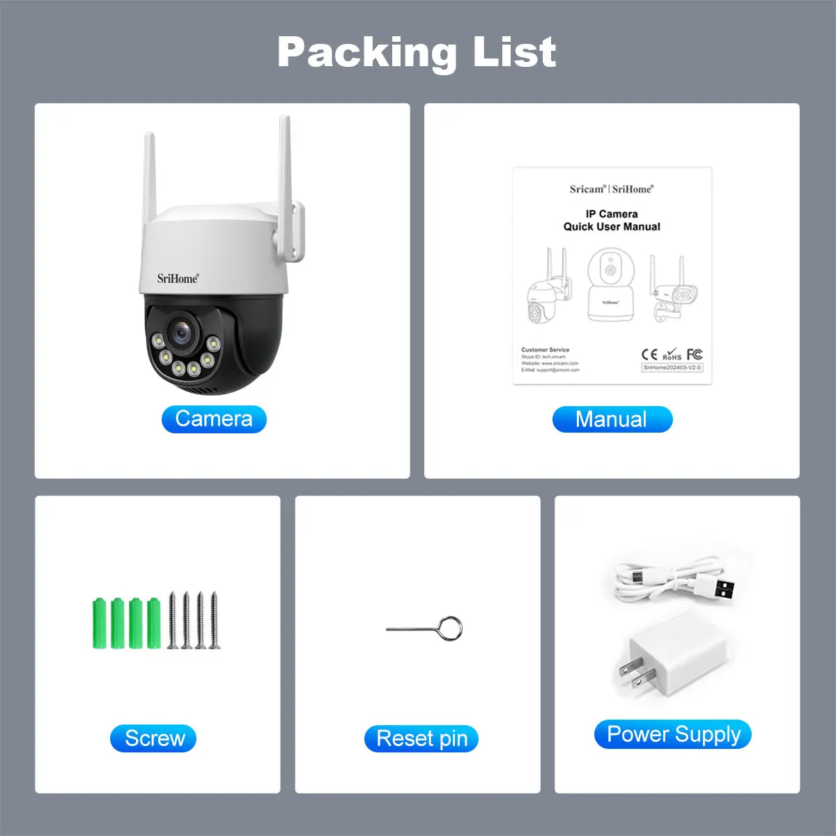 Srihome 8MP 4K WiFi PTZ Câmera Smart Color Night Vision IP66 Segurança externa 360 °   Cobertura Smart Auto Tracking SH072