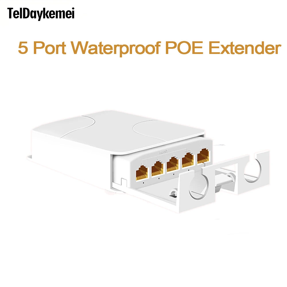 Extensor PoE TelDaykemei 5 Portas À Prova D'Água IP55 - Repetidor 4 Portas 100/1000Mbps VLAN 44-57V Externo