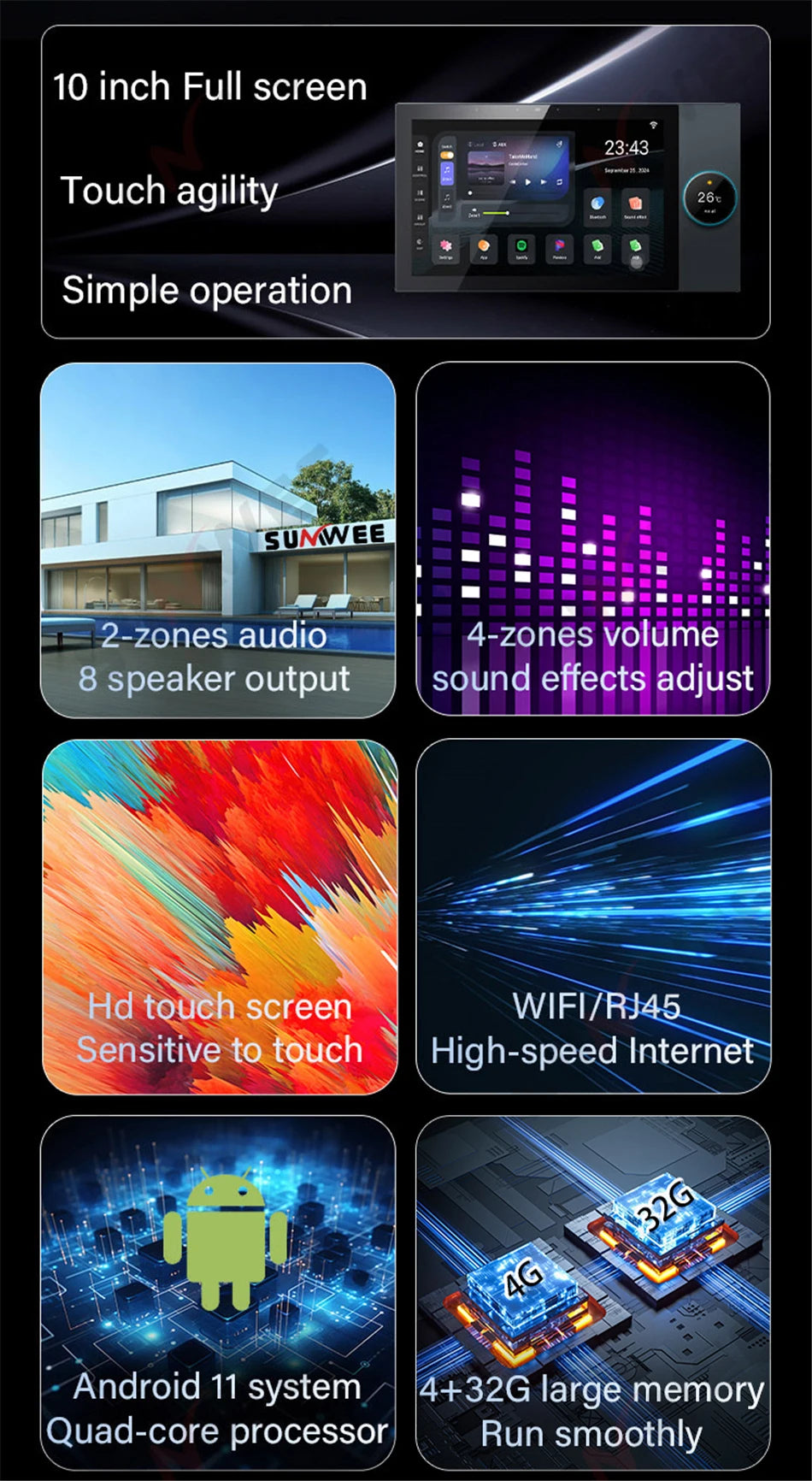 Tuya teatro inteligente música de fundo 4 + 32g android 11 sistema embutido zigbee gateway bluetooth wifi áudio na parede amplificador de potência