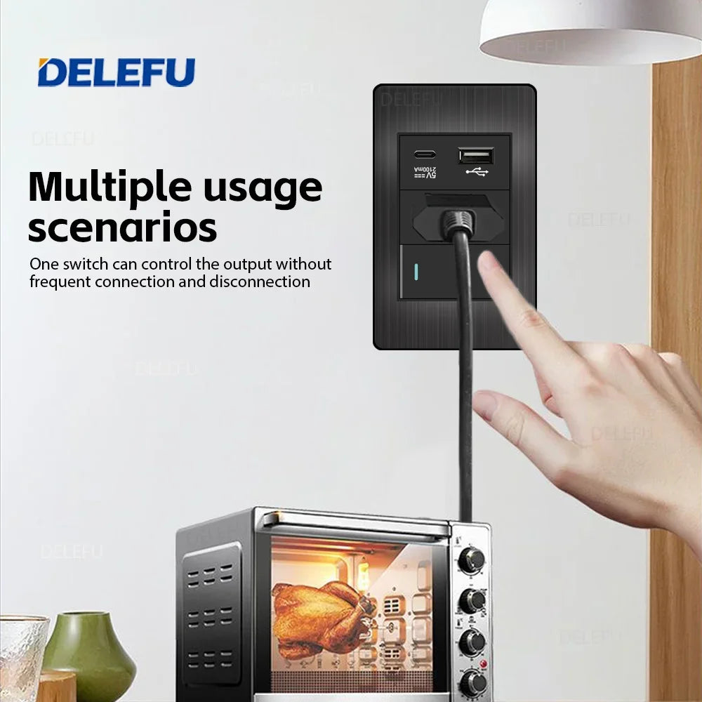 Interruptor e Tomada Padrão Brasileiro 10A com USB Tipo-C Painel Aço Inox Preto Delefu