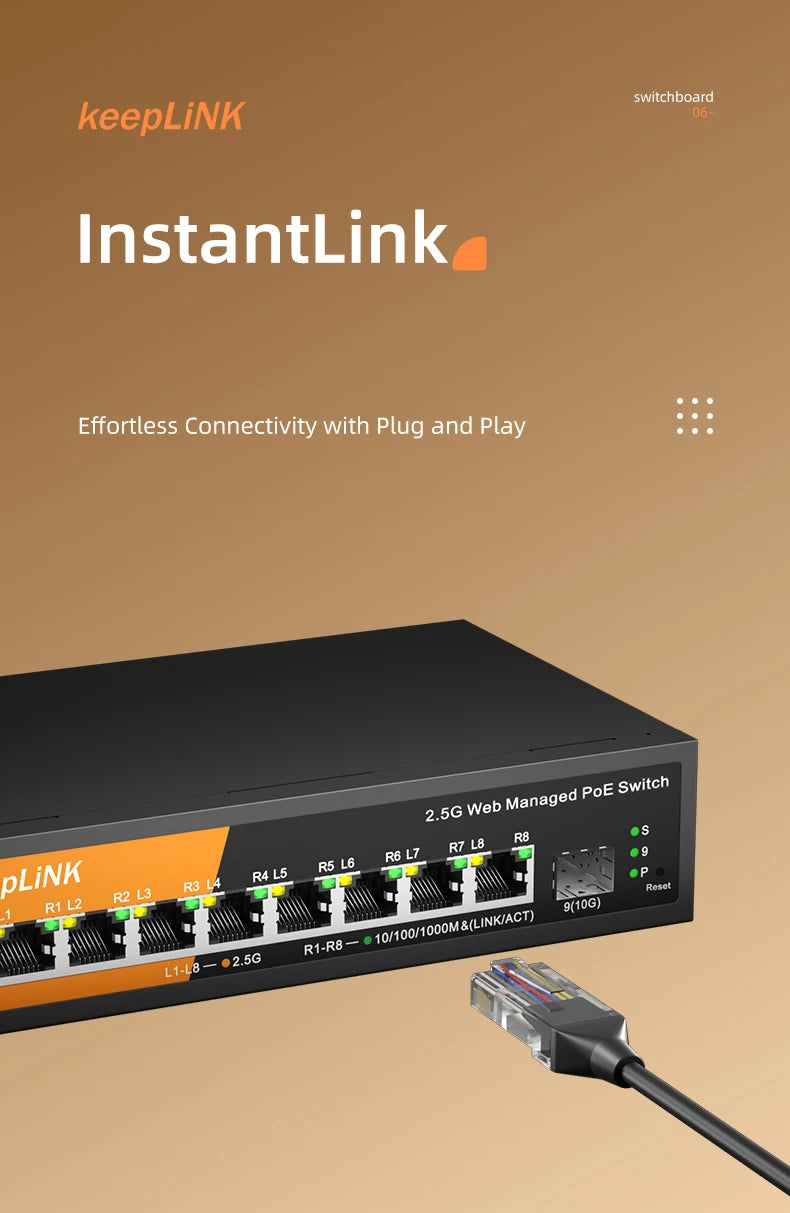 Switch Gerenciado KeepLiNK KP-9000 PoE+ 9 Portas 8x 2.5Gb PoE 130W + 1x 10Gb SFP+ Web Managed VLAN QoS - KeepLiNK