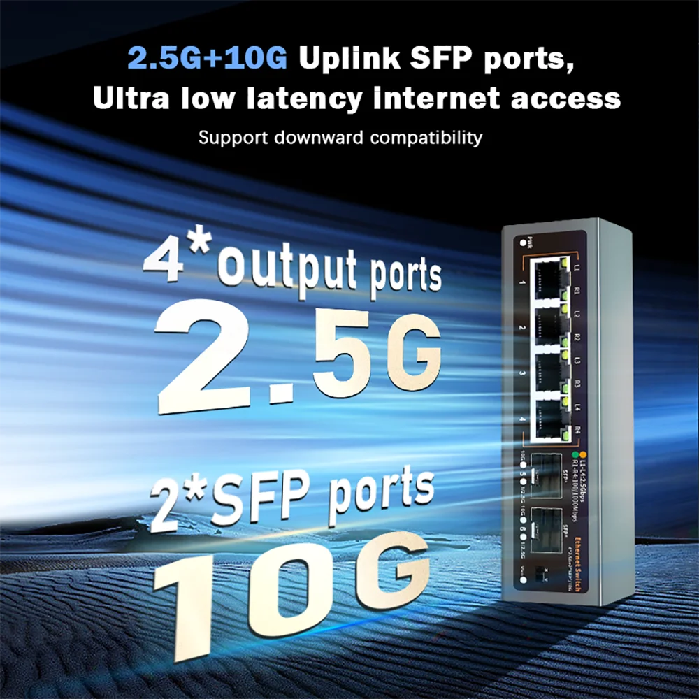 Switch 2.5Gbps 6 Portas - 4x 2.5G RJ45 + 2x 10G SFP+ 60Gbps VLAN Proteção Raios 4KV Empilhável