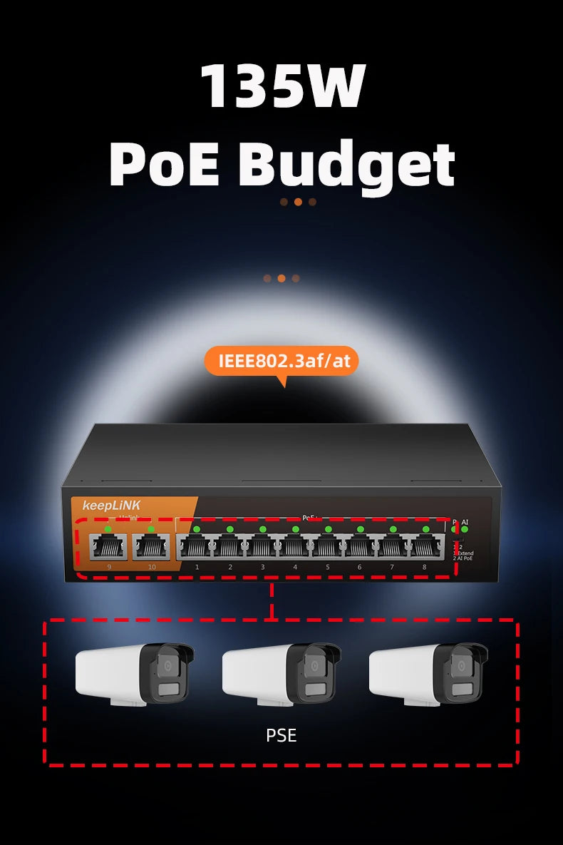 Switch Gigabit PoE KeepLiNK 10 Portas - 8 PoE+ 2 Uplink IEEE 802.3af/at 135W Plug & Play Câmeras IP