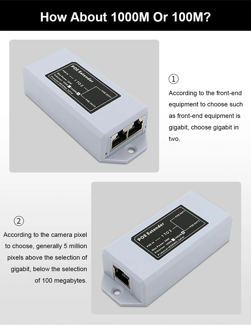 Extensor PoE OMAY 1 para 2 Portas Gigabit - IEEE 802.3af/at 48V 100/1000Mbps Extensão 100m Câmera IP NVR