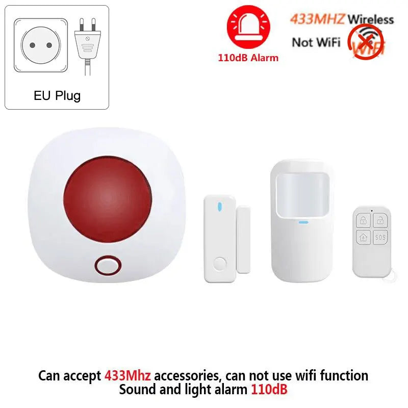 Sirene sem fio interna 433mhz, sistema de alarme de segurança doméstica autônomo, alto decibel, 110db, som, luz estroboscópica, alto-falante
