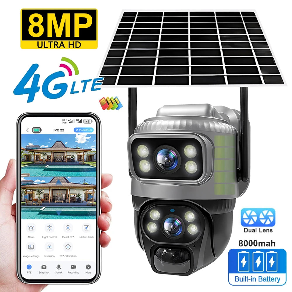 Câmera IP Solar 4G V380 8MP Lente Dupla PTZ 355° Bateria 8000mAh PIR+Radar Detecção Humana Visão Noturna IP66 App V380 - V380