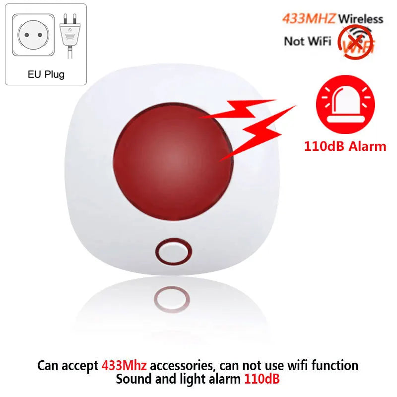 Sirene sem fio interna 433mhz, sistema de alarme de segurança doméstica autônomo, alto decibel, 110db, som, luz estroboscópica, alto-falante