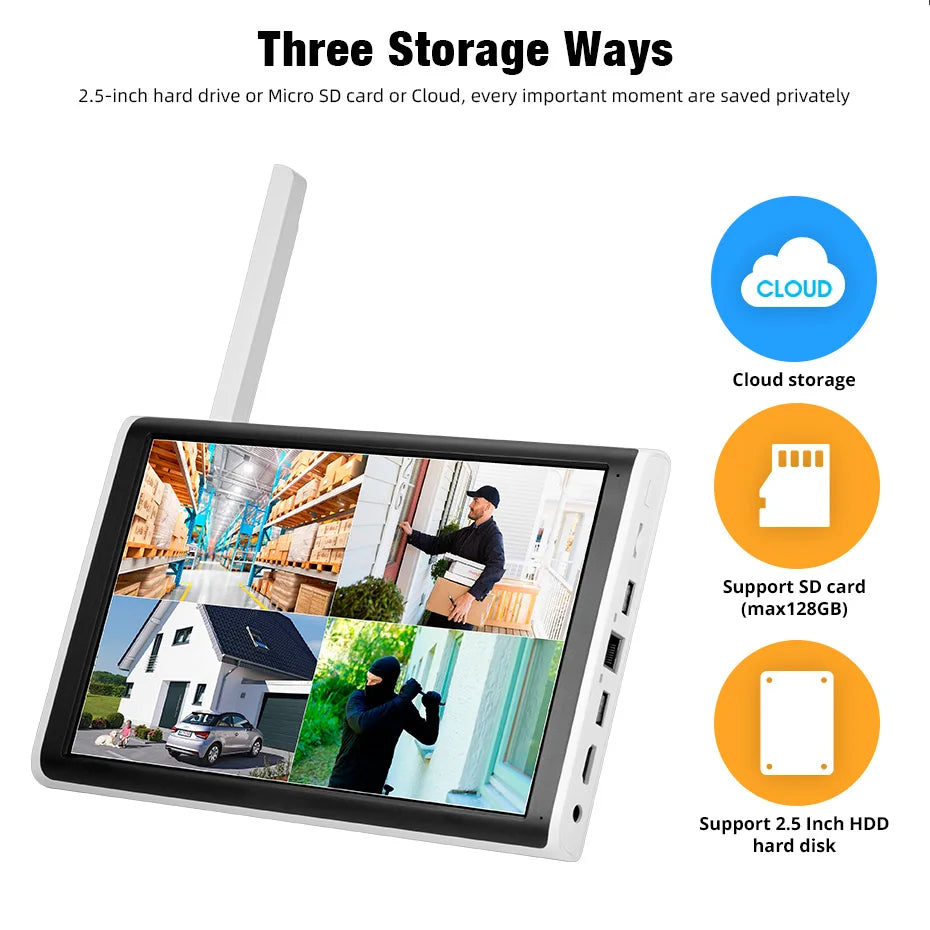 NVR 8 Canais WiFi 4MP/5MP com Tela 10.1" H.265 ONVIF para Câmeras Sem Fio - Kerui N1008L