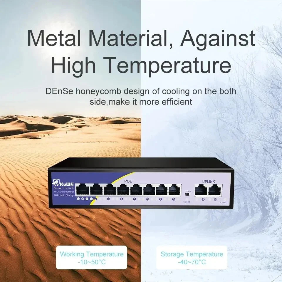 Switch PoE KuWFi 10 Portas 100Mbps - 8 PoE Injetor RJ45 Câmera IP AP Wireless CCTV Plug & Play