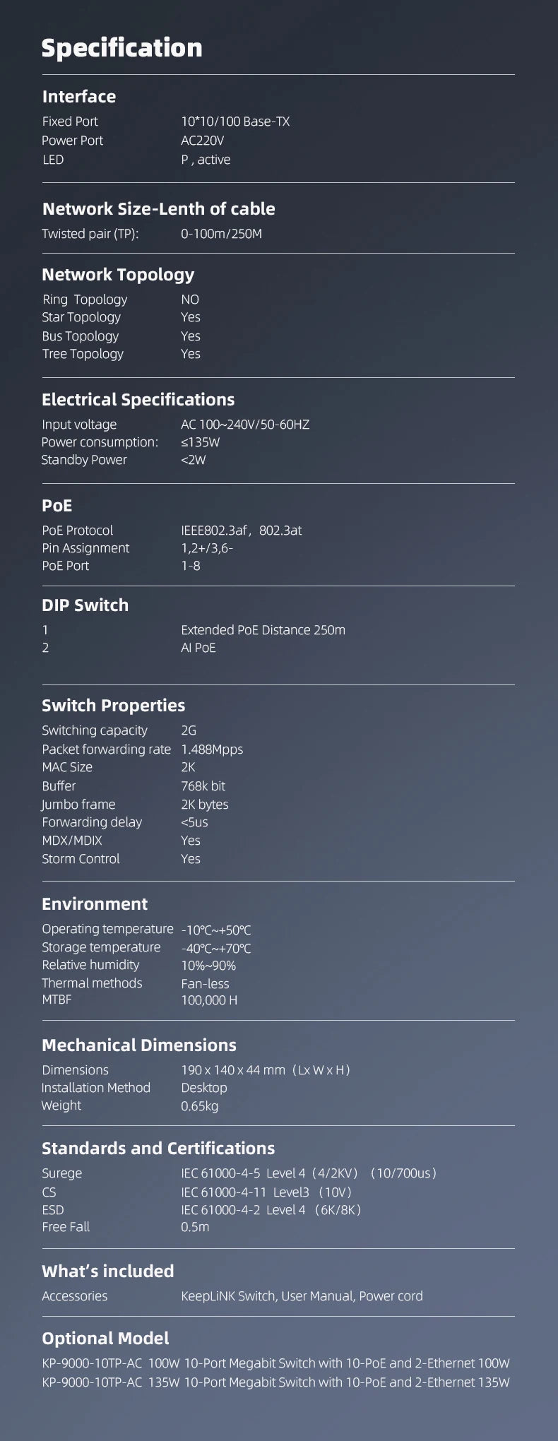 Switch Fast Ethernet PoE KeepLiNK 10 Portas Fanless - 8 PoE+ 2 Uplink IEEE 802.3af/at 135W 10/100Mbps